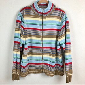 Striped, Full Zip, Mock Collar Cotton Sweater 1X
